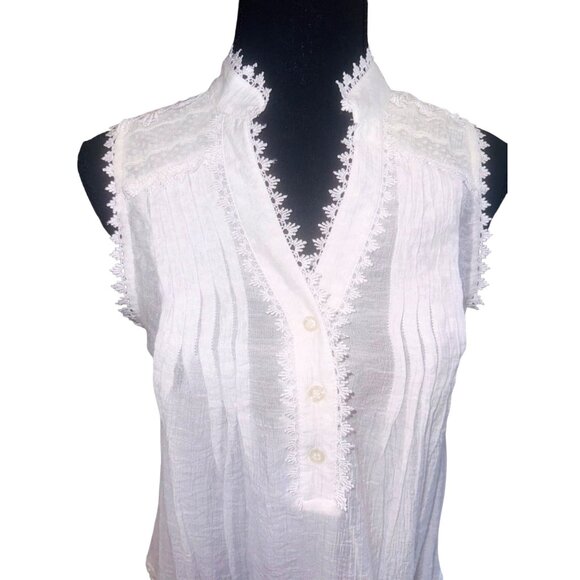 Anthropologie Blue Pepper Sleeveless White Boho Tunic Top Lace Mandarin Collar C - Picture 3 of 11